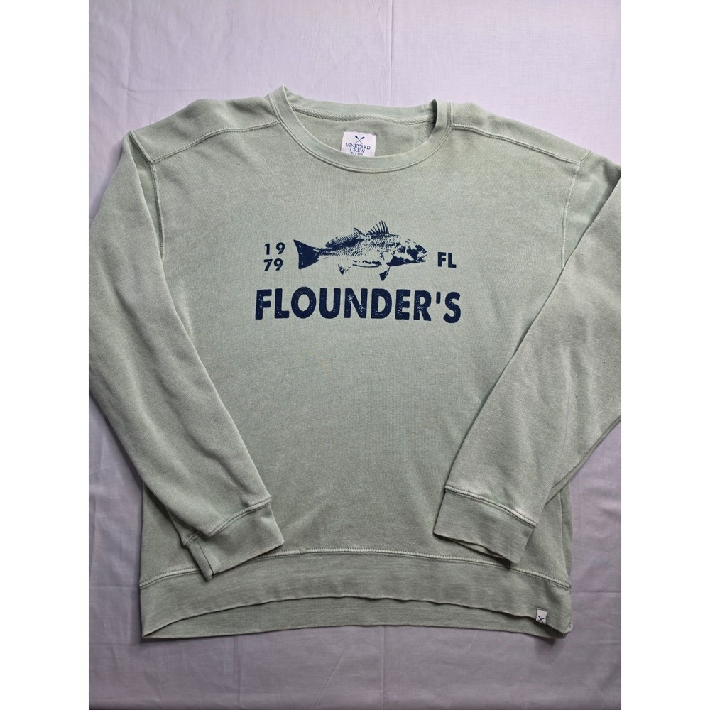 Vineyard Crew Burnout Sweatshirt Men's Large Green Flounder's FL Fishing Graphic
